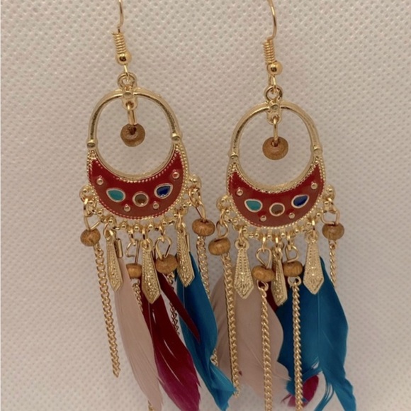 Faux Feather Earrings Bohemian Fringe Tassel Long Drop Dangle Earrings Set - Picture 3 of 5